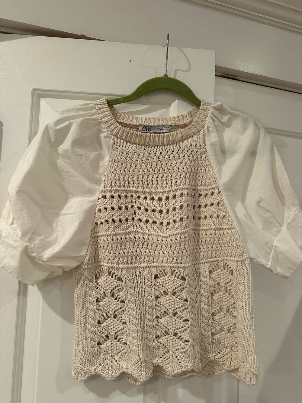 Zara Cream Crochet Knit Puff Sleeve top